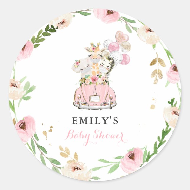 Pink Floral Safari Animals Drive By Baby Shower Classic Round Sticker (Front)