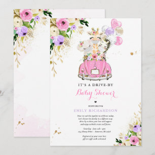 Pink Floral Safari Animals Drive By Baby Shower Invitation