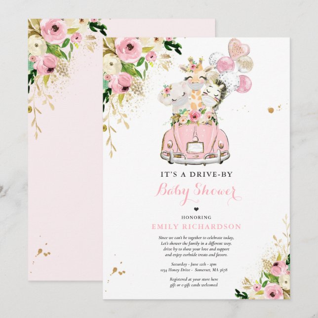 Pink Floral Safari Animals Drive By Baby Shower Invitation (Front/Back)
