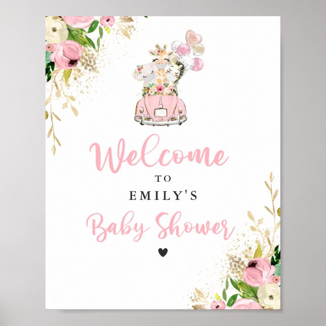 Pink Floral Safari Animals Drive By Baby Shower Poster (Front)