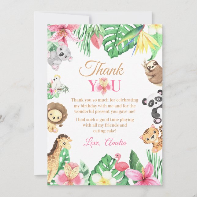Pink Floral Safari Animals Wild One Birthday Thank You Card (Front)