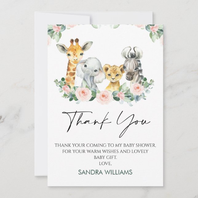 Pink Floral Safari Baby Shower Thank You Card (Front)