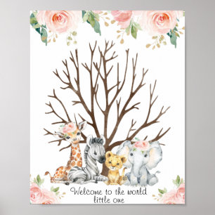 Pink Floral Safari Fingerprint Guestbook Poster