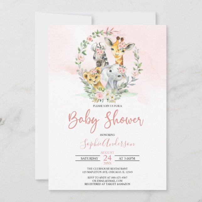 Pink Floral Safari Jungle  Animals Baby Shower Invitation (Front)