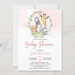Pink Floral Safari Jungle  Animals Baby Shower Invitation
