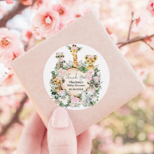 Pink Floral Safari Jungle Wild Animals Baby Shower Classic Round Sticker