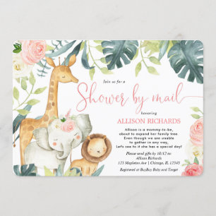 Pink floral safari Shower by mail girl baby shower Invitation