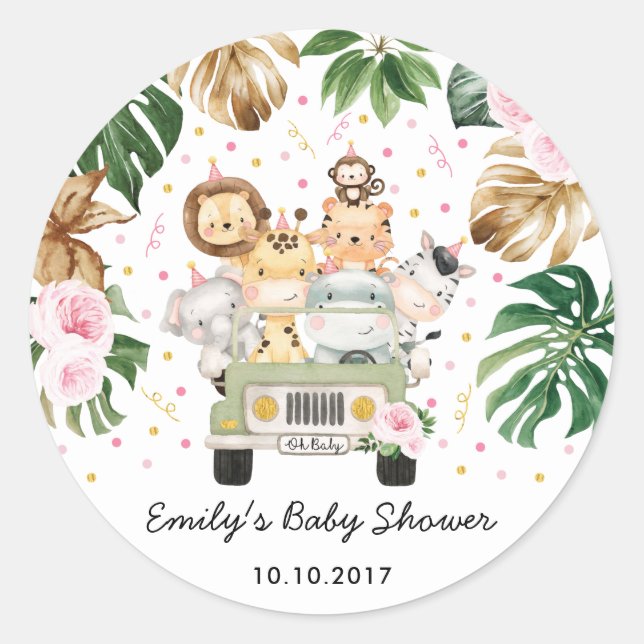 Pink Floral Safari Wild Animals Baby Shower Favour Classic Round Sticker (Front)
