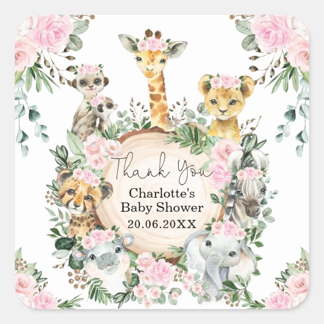 Pink Floral Safari Wild Animals Girls Party Favour Square Sticker (Front)