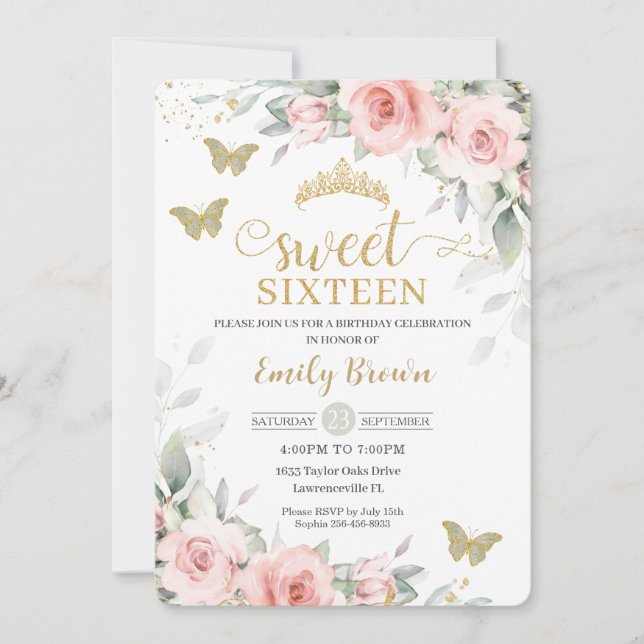 Pink Floral Sage Green Butterflies Sweet Sixteen Invitation (Front)