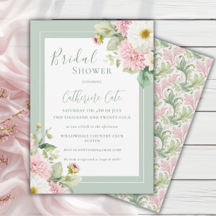 Pink Floral Sage Green Elegant Bridal Shower Invitation
