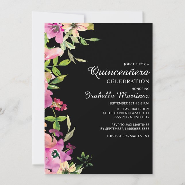 Pink Floral Sage Green Leaves Black Quinceañera Invitation (Front)