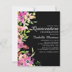 Pink Floral Sage Green Leaves Black Quinceañera Invitation