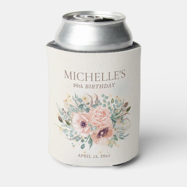 Pink Floral Sage Green Leaves Glitter Birthday Can Cooler (Can Back)