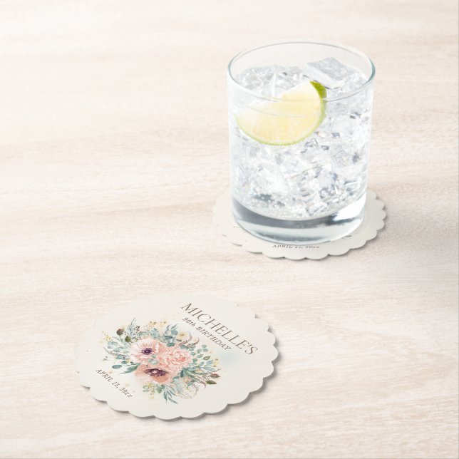 Pink Floral Sage Green Leaves Glitter Birthday Paper Coaster (Insitu)