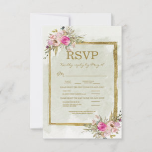 Pink Floral Sage Green Leaves Gold Wedding RSVP Card