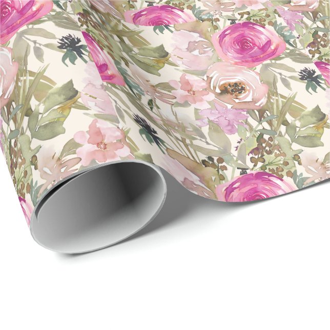 Pink Floral Sage Green Leaves  Wrapping Paper (Roll Corner)