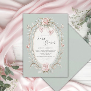 Pink Floral Sage Green Vintage Baby Shower Invitation