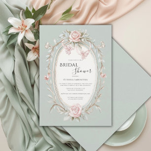 Pink Floral Sage Green Vintage Bridal Shower Invitation