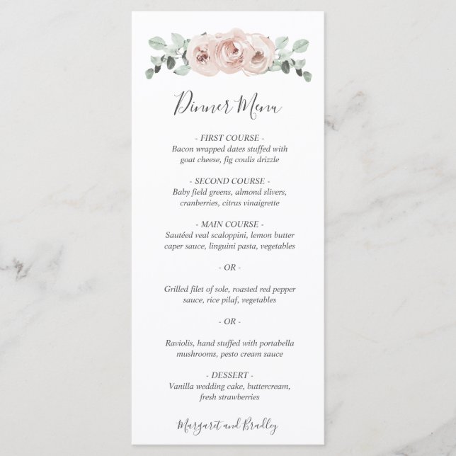 Pink Floral Sage Greenery Dusty Rose Wedding Menu (Front)