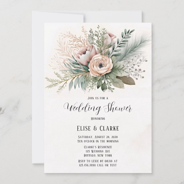 Pink Floral Sage Greenery Wedding Shower Invitatio Invitation (Front)