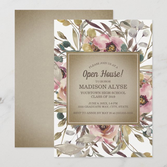 Pink Floral Sage Leaf Rustic Graduation Open House Invitation (Front/Back)