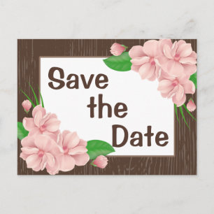 Pink Floral Save the Date Brown Wood Wedding Announcement Postcard