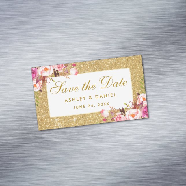 Pink Floral Save The Date Gold Glitter Mini Magnet (In Situ)