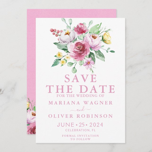 Pink Floral Save the Date Invitation (Front/Back)