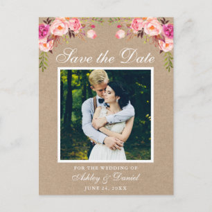 Pink Floral Save the Date Photo Kraft Announcement Postcard