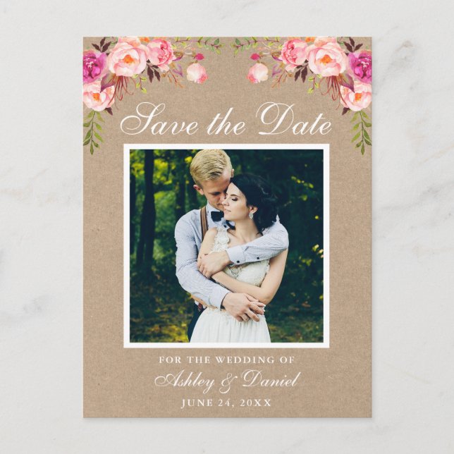 Pink Floral Save the Date Photo Kraft Announcement Postcard (Front)