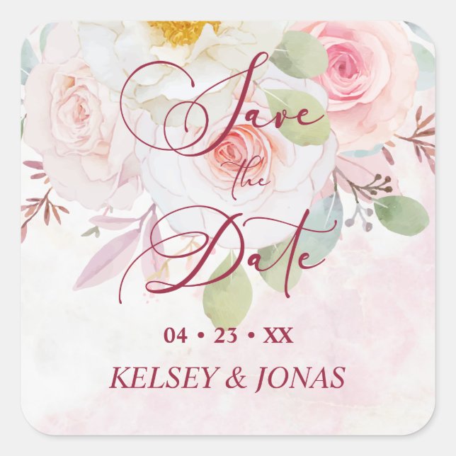 Pink Floral Save the Date Whimsical Quote Square Sticker (Front)