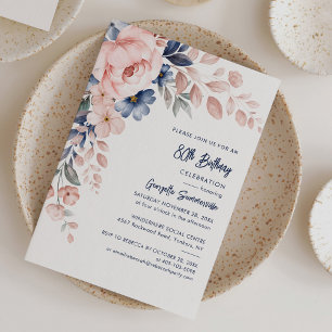 Pink Floral Script 80th Birthday Party Invitation