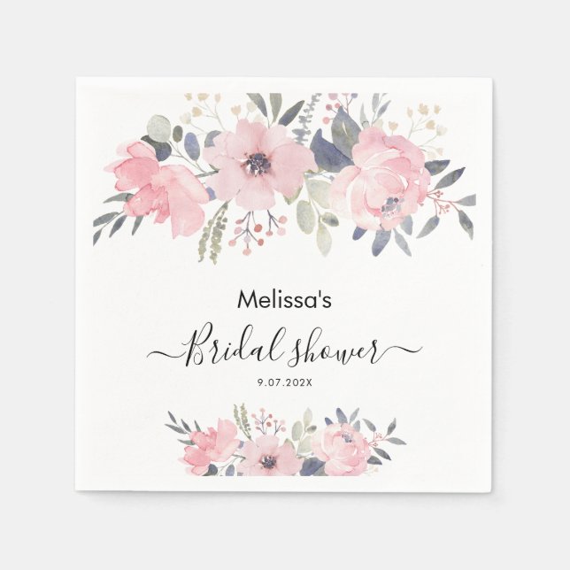 Pink Floral Script Rustic Bridal Shower Paper Napkin (Front)