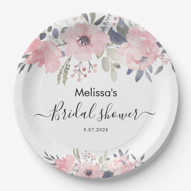 Pink Floral Script Rustic Bridal Shower Paper Plate (Front)