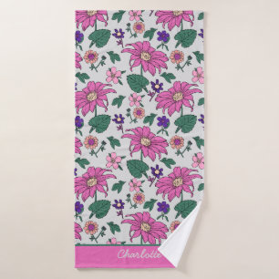 Pink floral seamless pattern personalised name bath towel