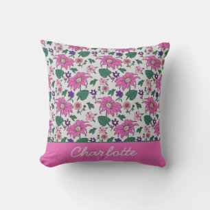 Pink floral seamless pattern personalised name cushion