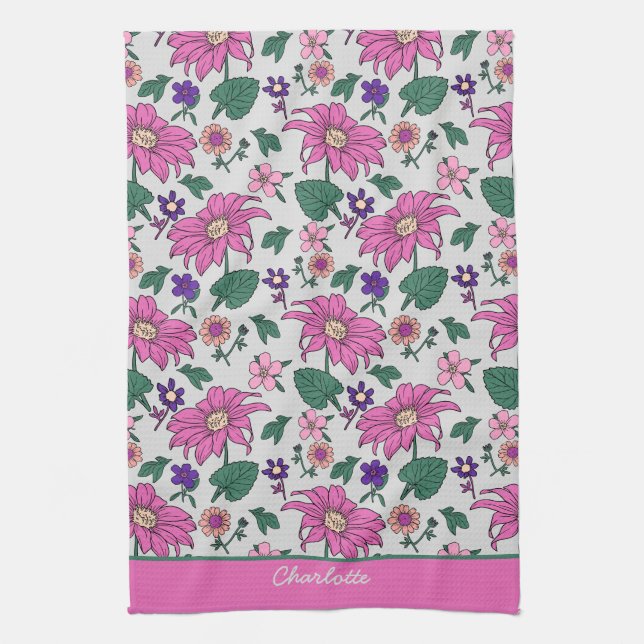 Pink floral seamless pattern personalised name  tea towel (Vertical)