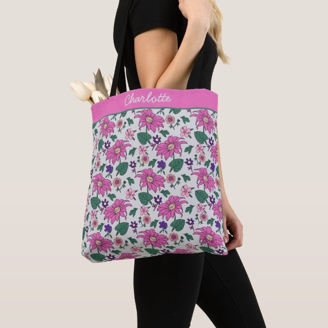 Pink floral seamless pattern personalised name tote bag (Close Up)