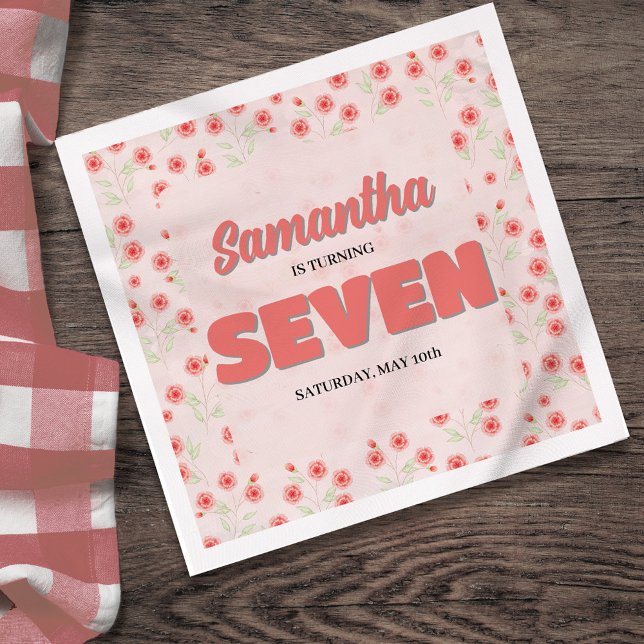 Pink Floral Seventh Birthday Girl Custom Party Napkin (Pink floral retro style cocktail napkins)