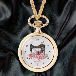 Pink Floral Sewing Machine Pocket Watch Necklace