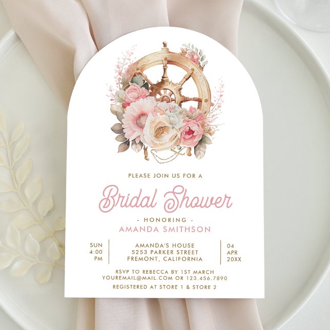 Pink Floral Ship Wheel Nautical Arch Bridal Shower Invitation (Creator Uploaded)