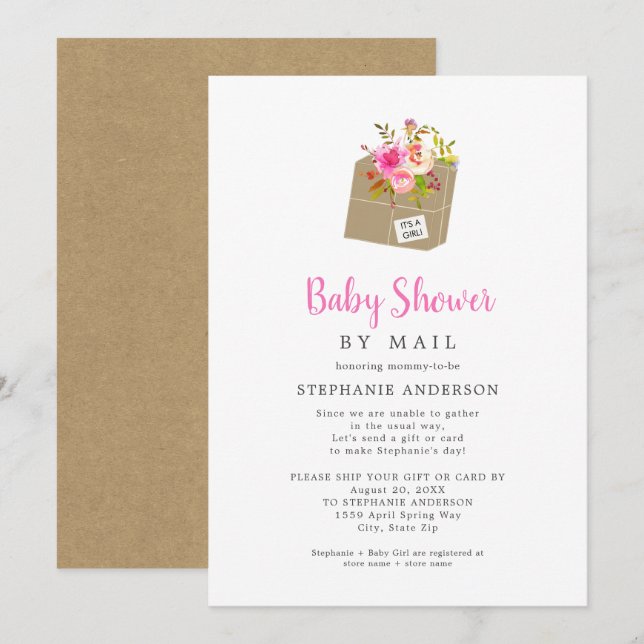 Pink Floral Shipping Box Girl Baby Shower by Mail Invitation (Front/Back)
