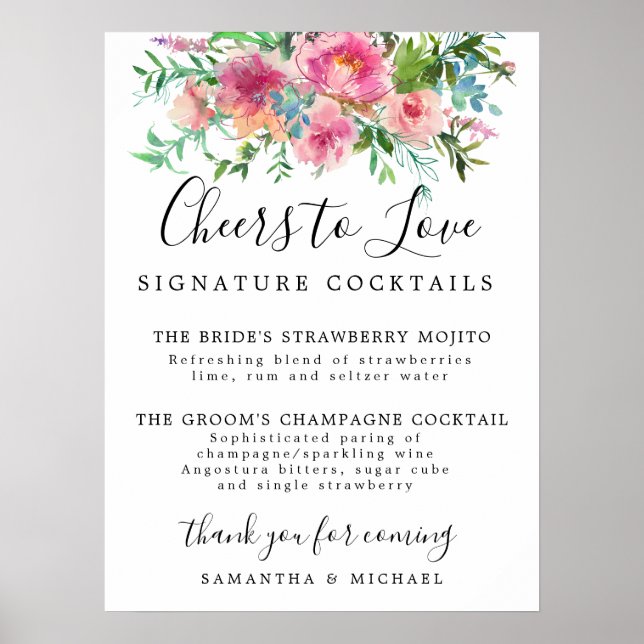 Pink Floral Signature Cocktails Wedding Bar Sign (Front)
