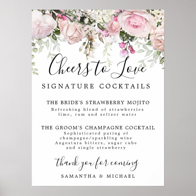 Pink Floral Signature Cocktails Wedding Bar Sign (Front)