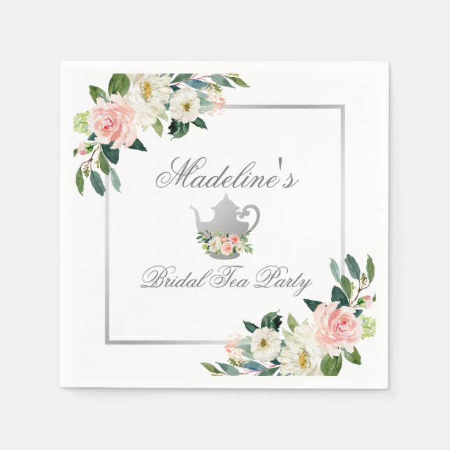 Pink Floral Silver Bridal Shower Tea Party Napkin (Front)