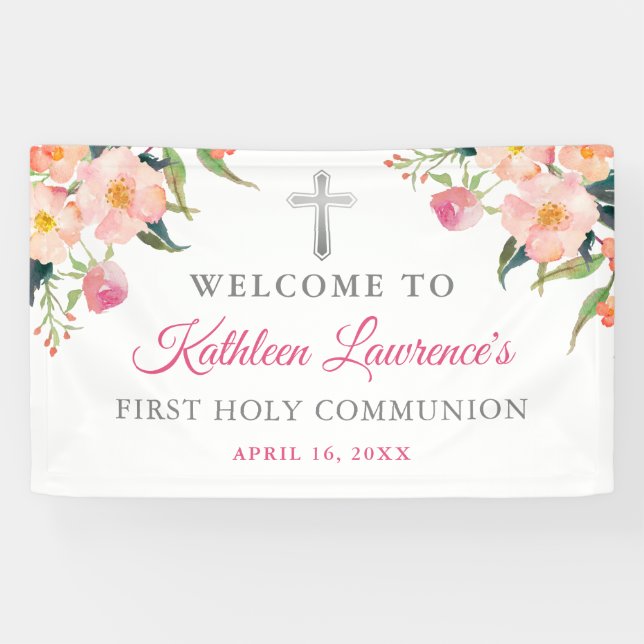 Pink Floral Silver Cross Girl First Holy Communion Banner (Horizontal)