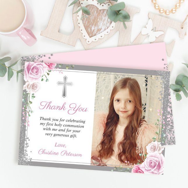 Pink Floral Silver First Holy Communion Photo Thank You Card (Creator Uploaded)