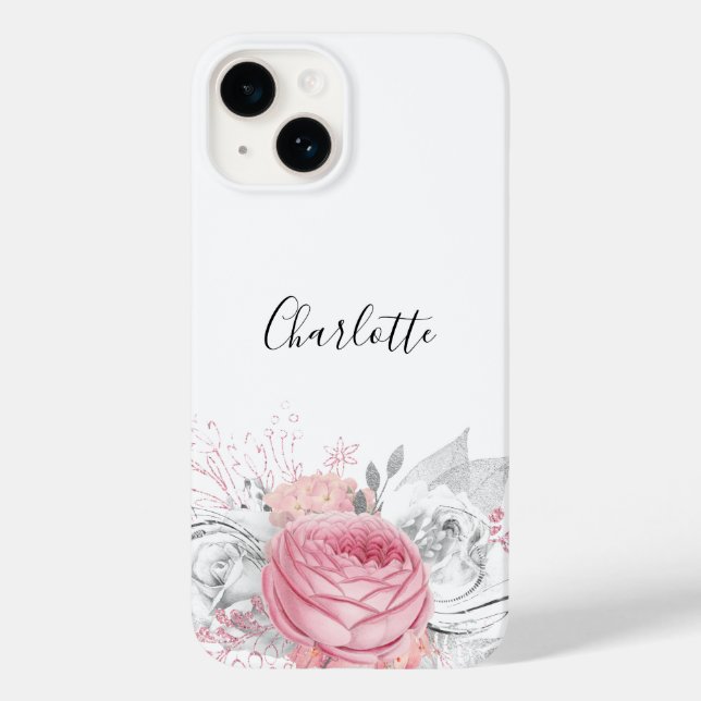 Pink floral silver foliage white name elegant Case-Mate iPhone case (Back)