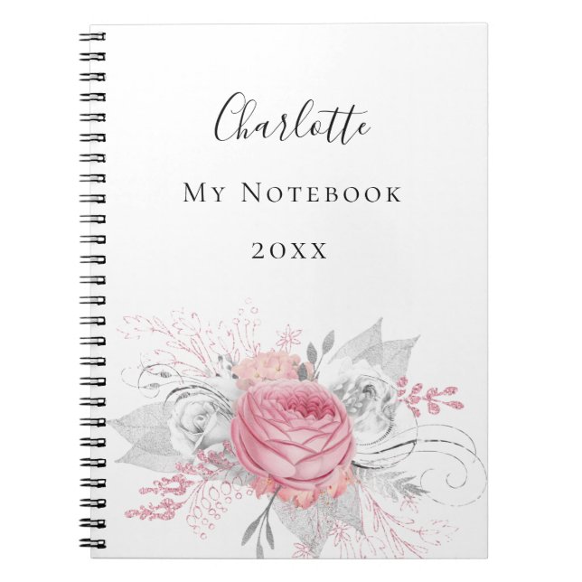 Pink floral silver foliage white name elegant notebook (Front)